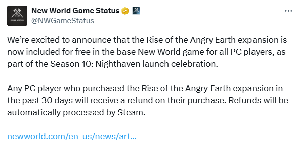 new world rise of the angry earth free announcement on X